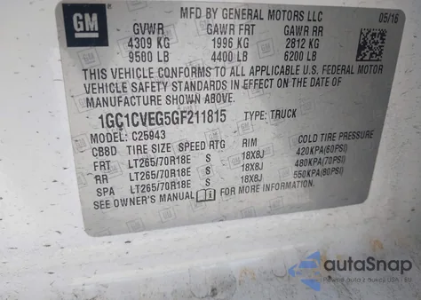 2016 Chevrolet Silverado 2500Hd Lt from USA, damaged, VIN 1GC1CVEG5GF211815